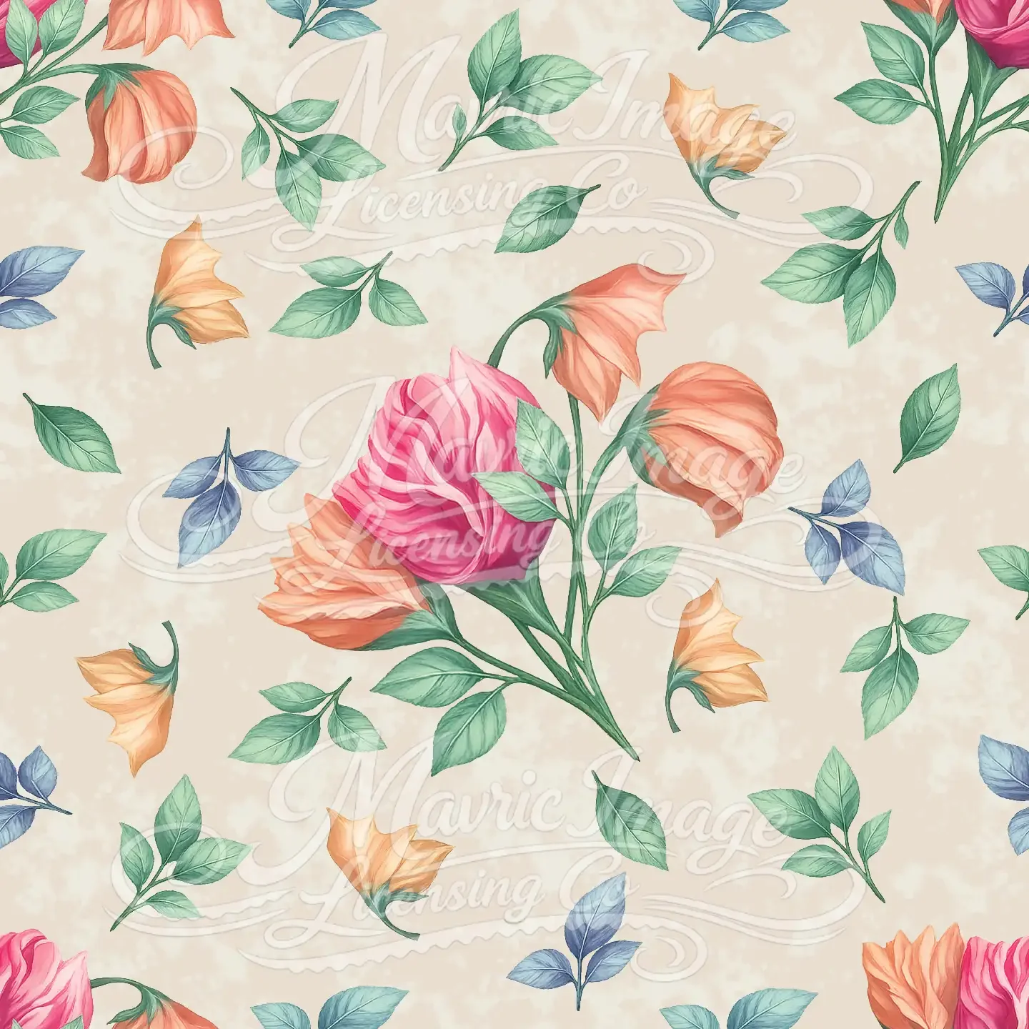 A soft watercolor‑style floral pattern featuring clustered blush roses and apricot bell flowers with sage and eucalyptus‑blue leaves on a warm linen‑sand background.
