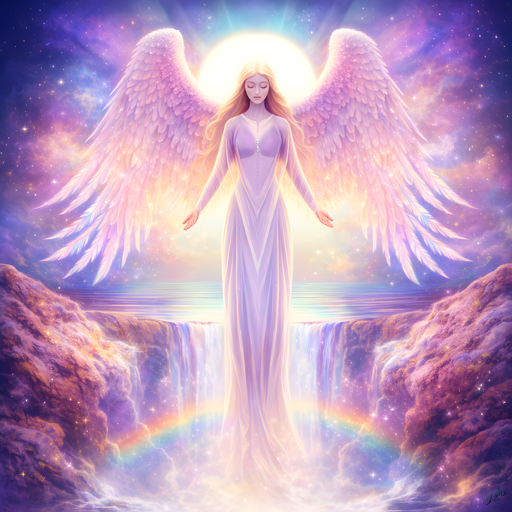 Angel art scene featuring a glowing celestial figure with radiant wings standing above a waterfall, surrounded by rainbow light, sun halo, and ethereal clouds — fantasy angel illustration for wall art, prints, and spiritual artwork.