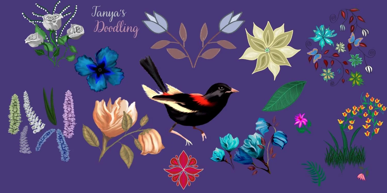 Colorful floral and bird illustrations with the text 'Tanya's Doodling' on a purple background.