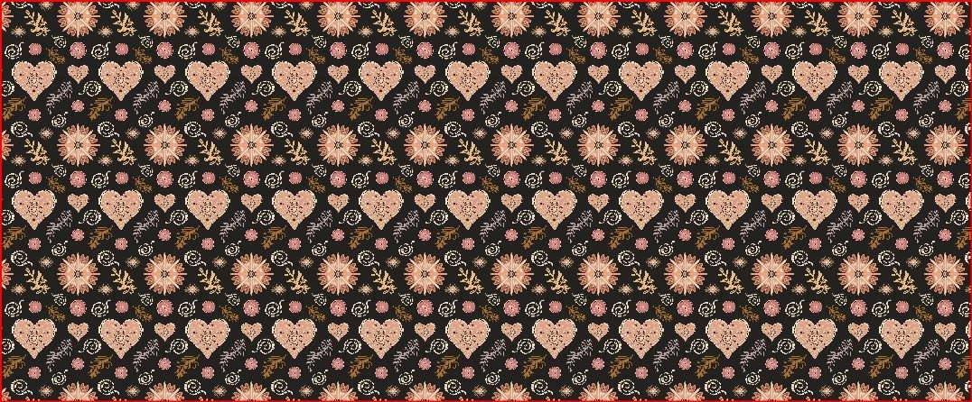 “Seamless repeating pattern featuring stylised pink hearts, circular floral motifs, soft spirals and leaf shapes arranged symmetrically on a dark background, creating a warm, romantic decorative design.”