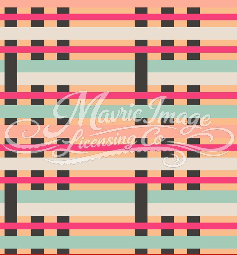 A colorful tartan plaid pattern with peach, light green, beige, black, and pink lines intersecting in a grid pattern.