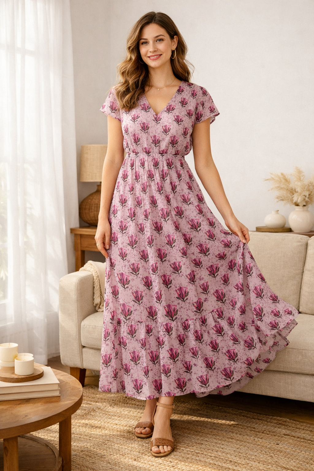 A woman with wavy brown hair wearing a pink floral maxi dress, smiling and holding the hem of her dress with one hand, standing in a cozy living room with beige furniture, a wooden side table, and decorative vases.