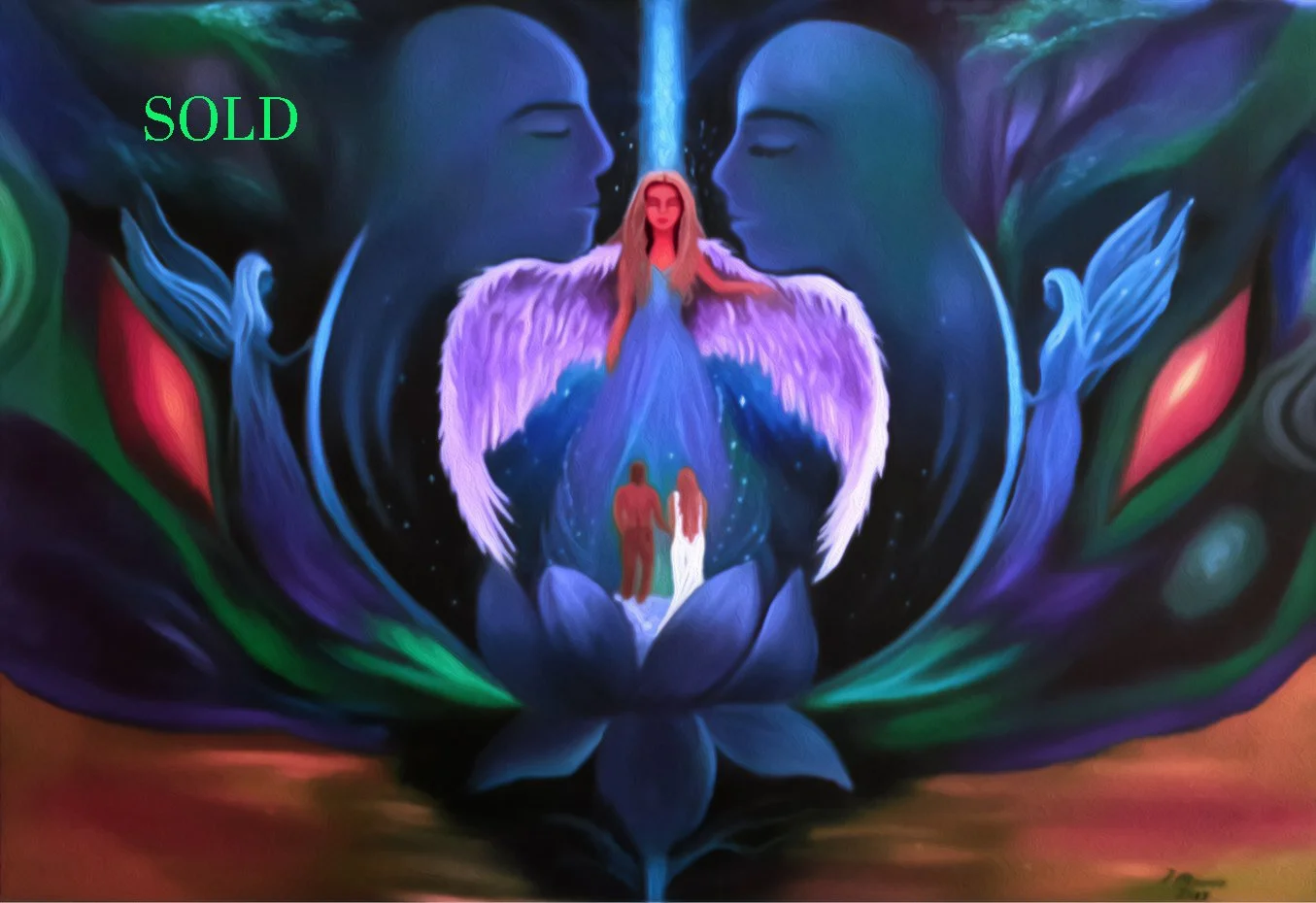 A colorful digital artwork featuring two large faces facing each other with a woman in a blue dress and angel wings at the center, holding hands with a man and woman standing on a lotus flower. The woman appears to be floating above, surrounded by a 