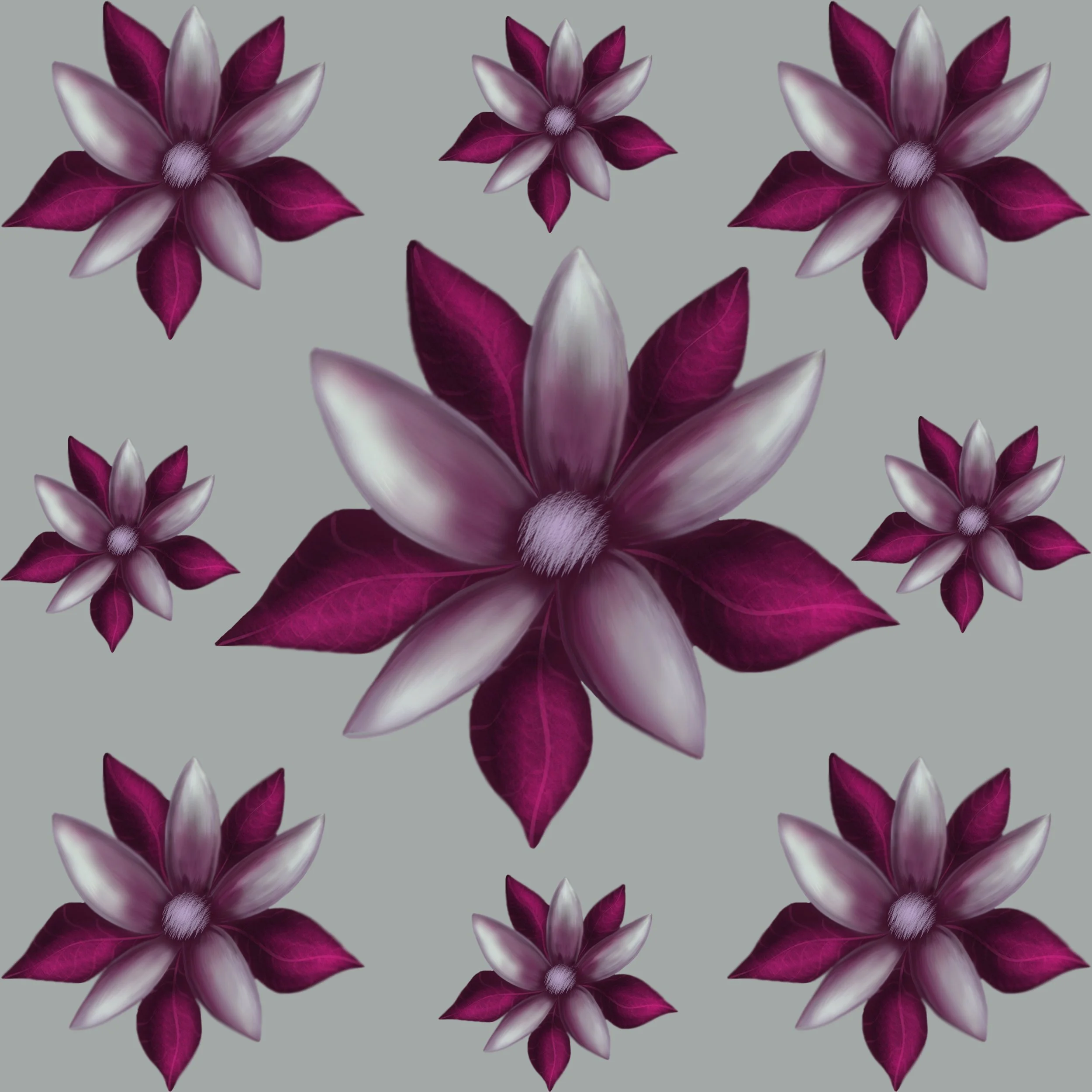 Pattern of purple and white flowers on a gray background.