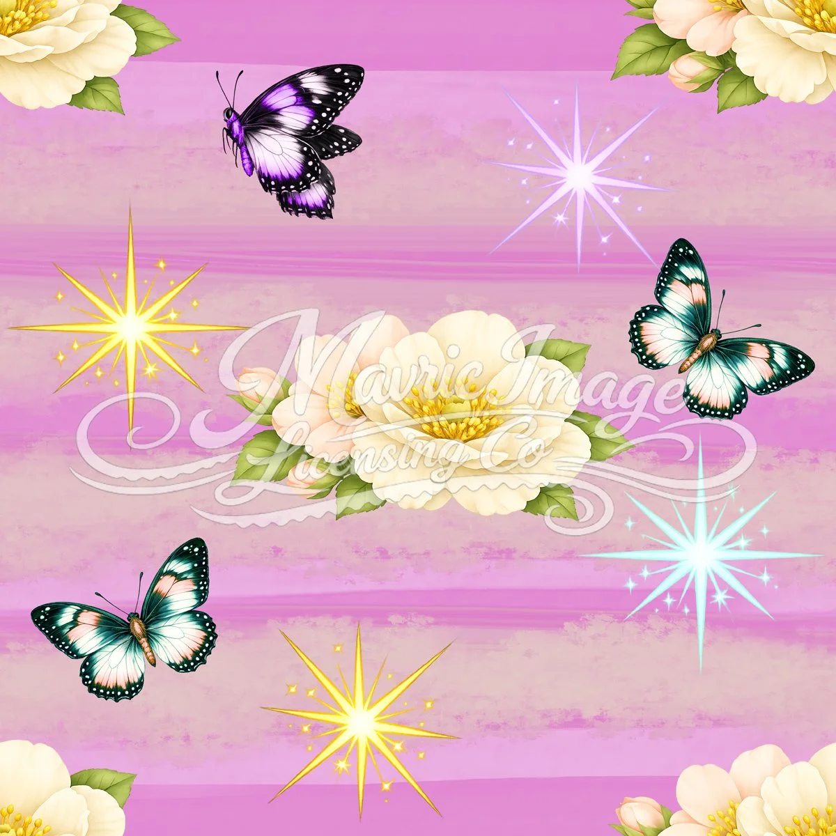 Seamless pattern with cream flowers, blue‑purple butterflies, and small starbursts on pink watercolor stripes.