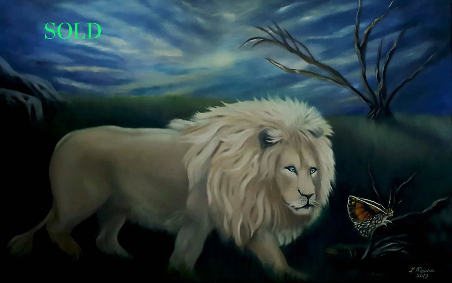 Painting of a lion with a mane, walking in a landscape with dark sky and leafless trees, with a butterfly on a branch nearby. The word SOLD is superimposed in green at the top left corner.