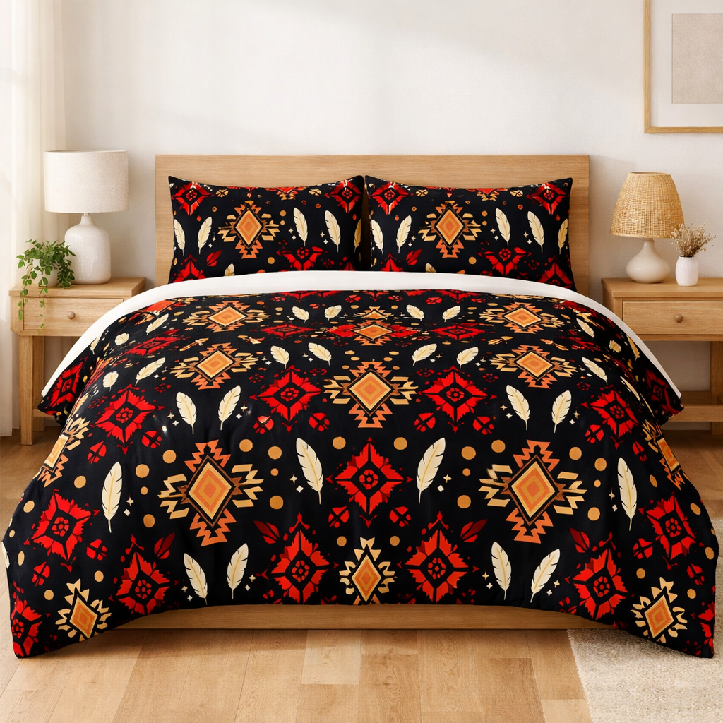 A bed with a colorful tribal-patterned comforter and matching pillows in a bedroom with two wooden nightstands, each with a lamp, plant, and decorative vase.