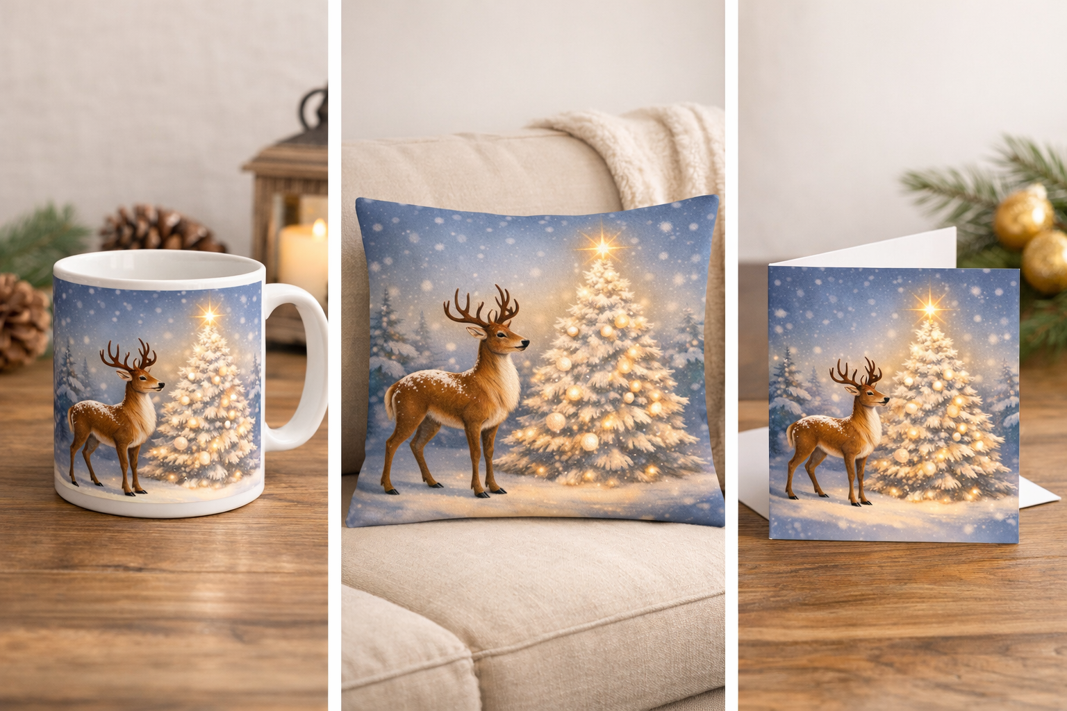Christmas-themed mug, pillow, and card featuring a reindeer and snowy decorated Christmas tree Image reference only