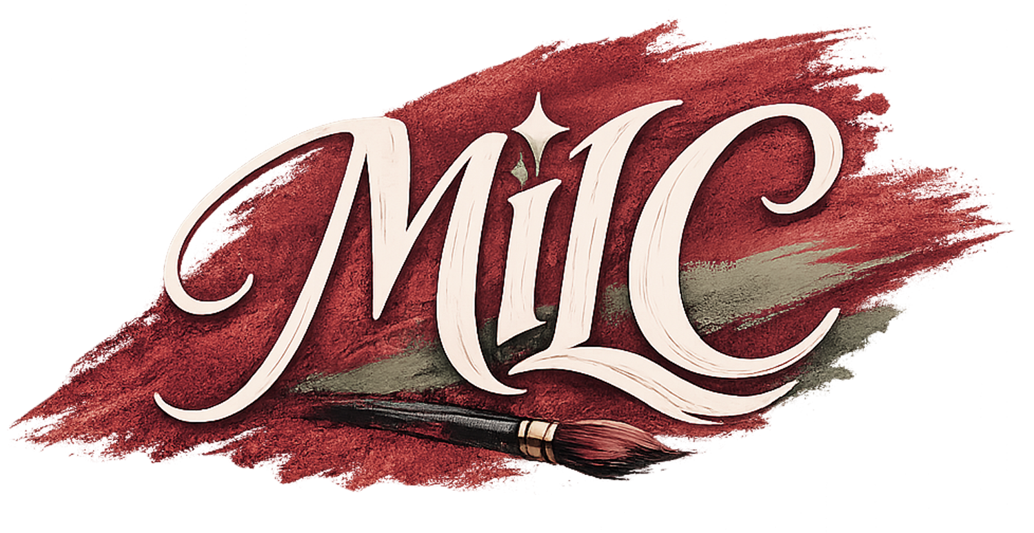 Artistic design with the word 'MUSE' in large, stylized white letters with a decorative star and a paintbrush against a red textured background.