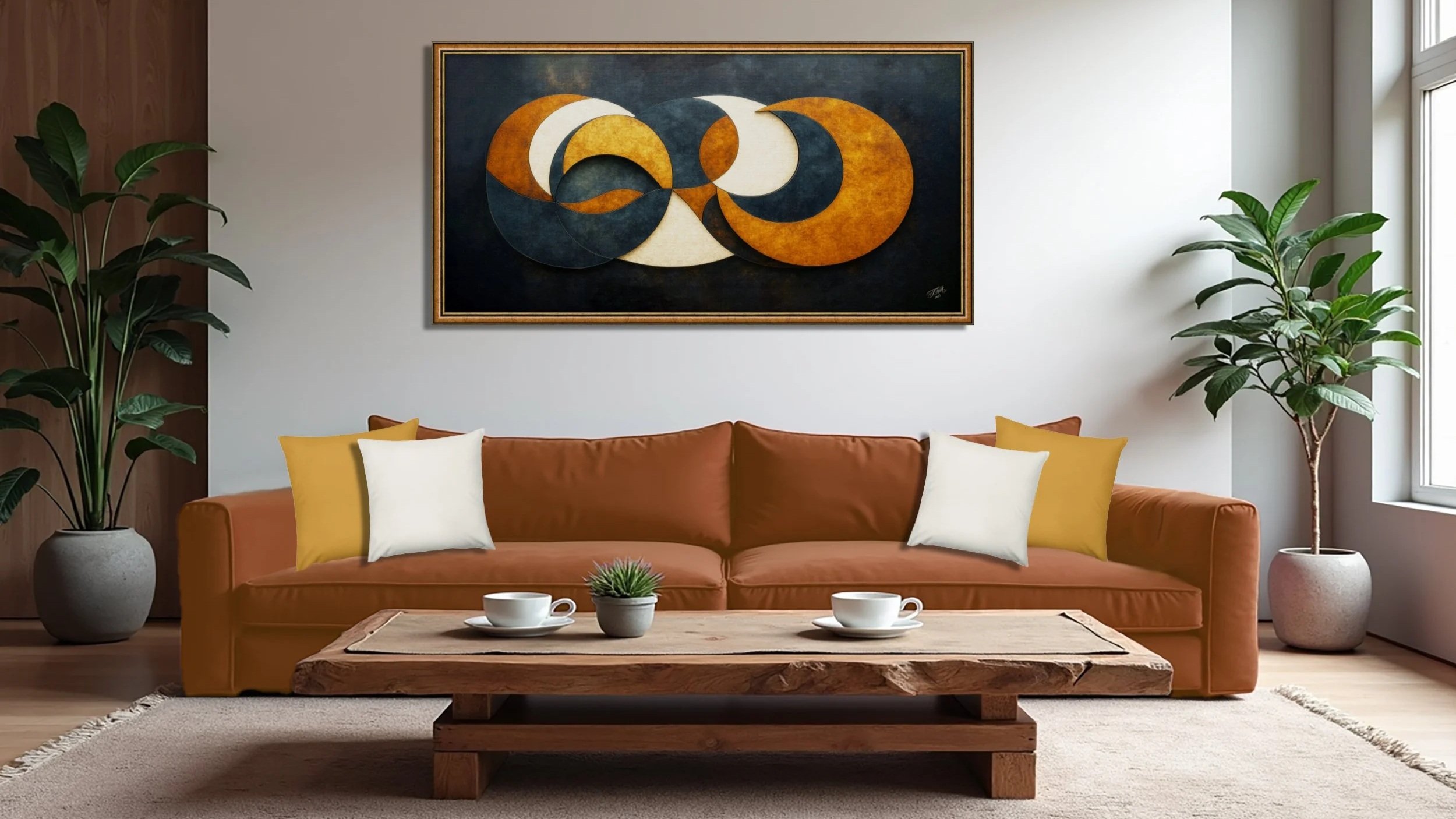 Living room with orange sofa, yellow and white pillows, wooden coffee table with two cups and a small plant, wall art with abstract geometric shapes, and large potted plants near windows, bright natural light.