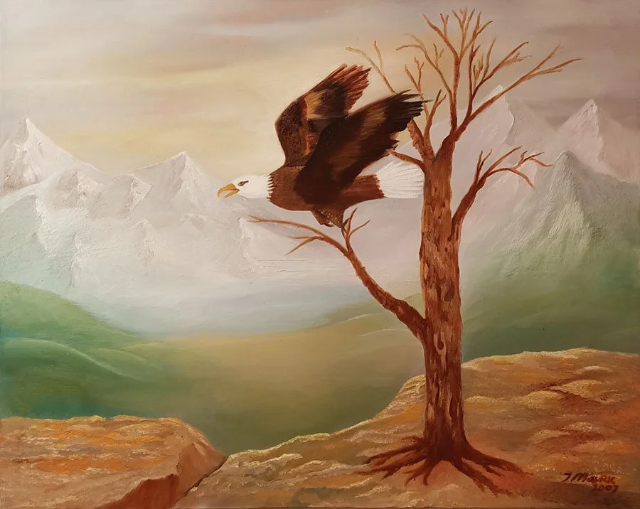 Painting of a bald eagle in flight near a leafless tree with mountains in the background.