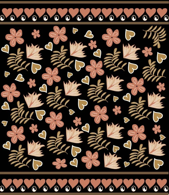 A floral pattern with pink flowers, beige leaves, and small heart shapes on a black background, bordered with hearts and eye motifs.