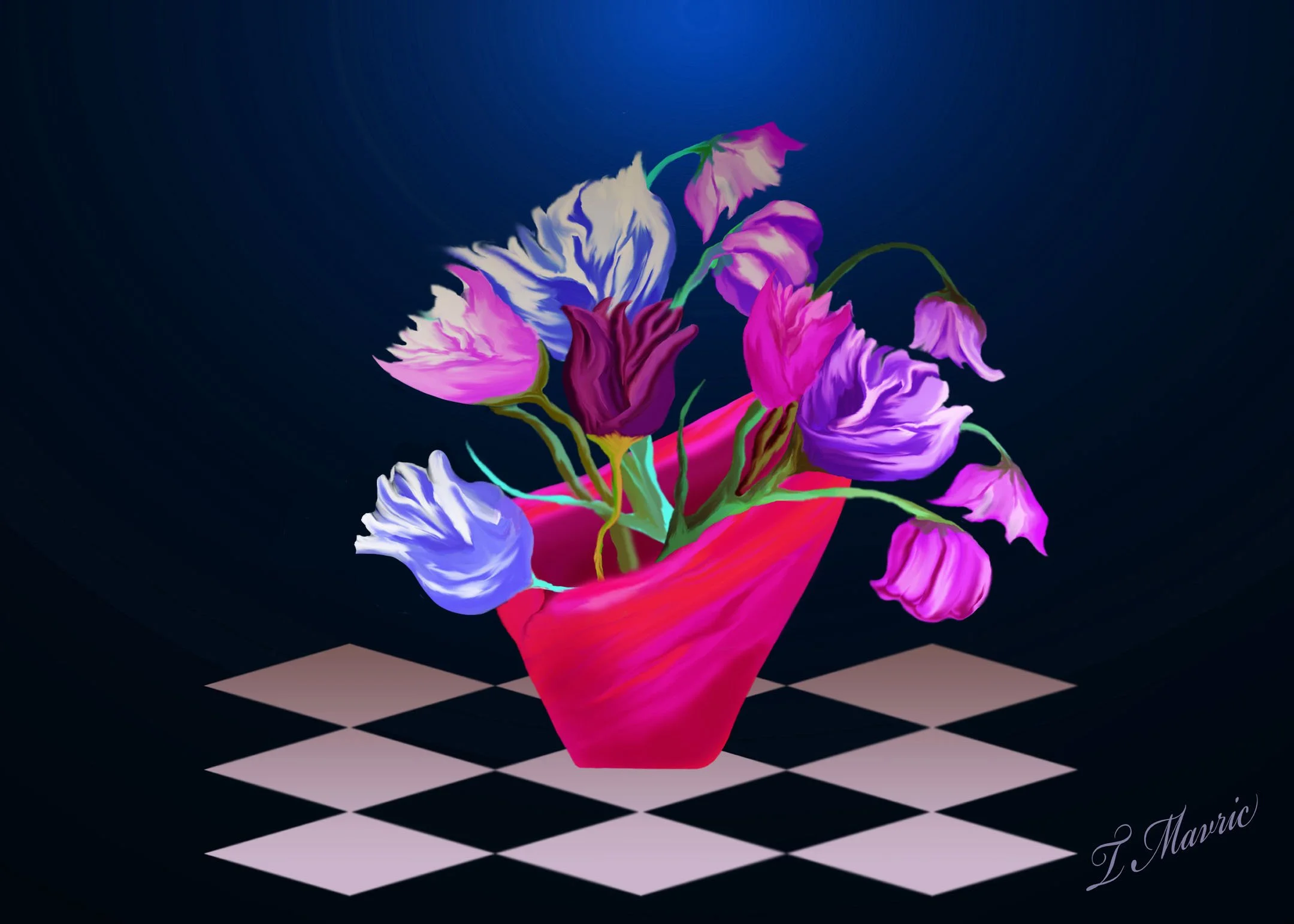 hand drawn retro vase and hand drawn flowers