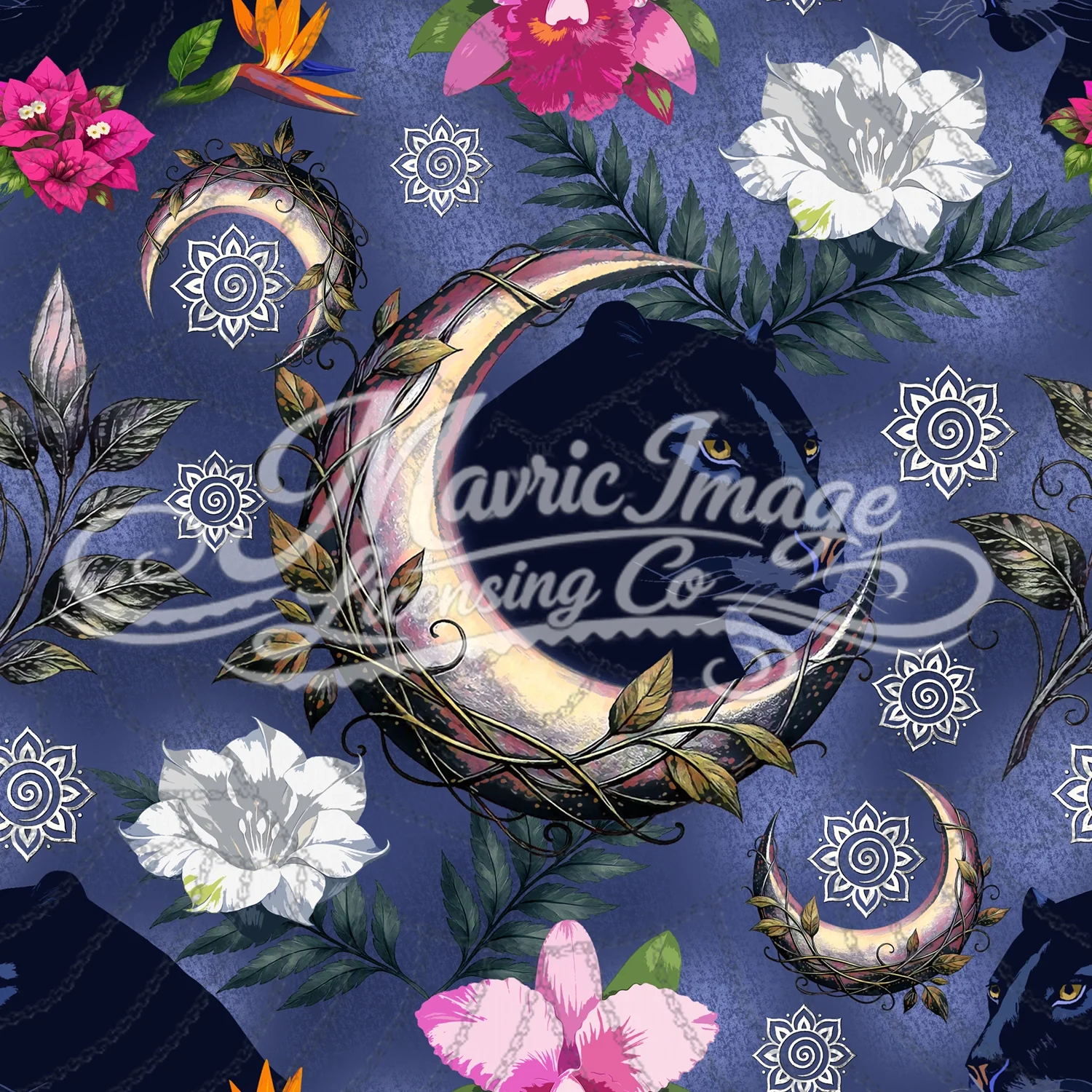 Panther Moon Garden PNG Repeat Pattern Digital Download