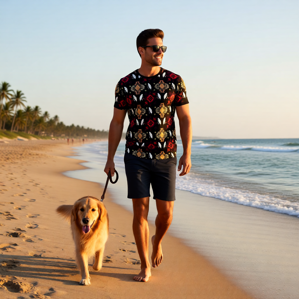 A man walking along the beach with his dog during sunset, wearing sunglasses and a colorful shirt.