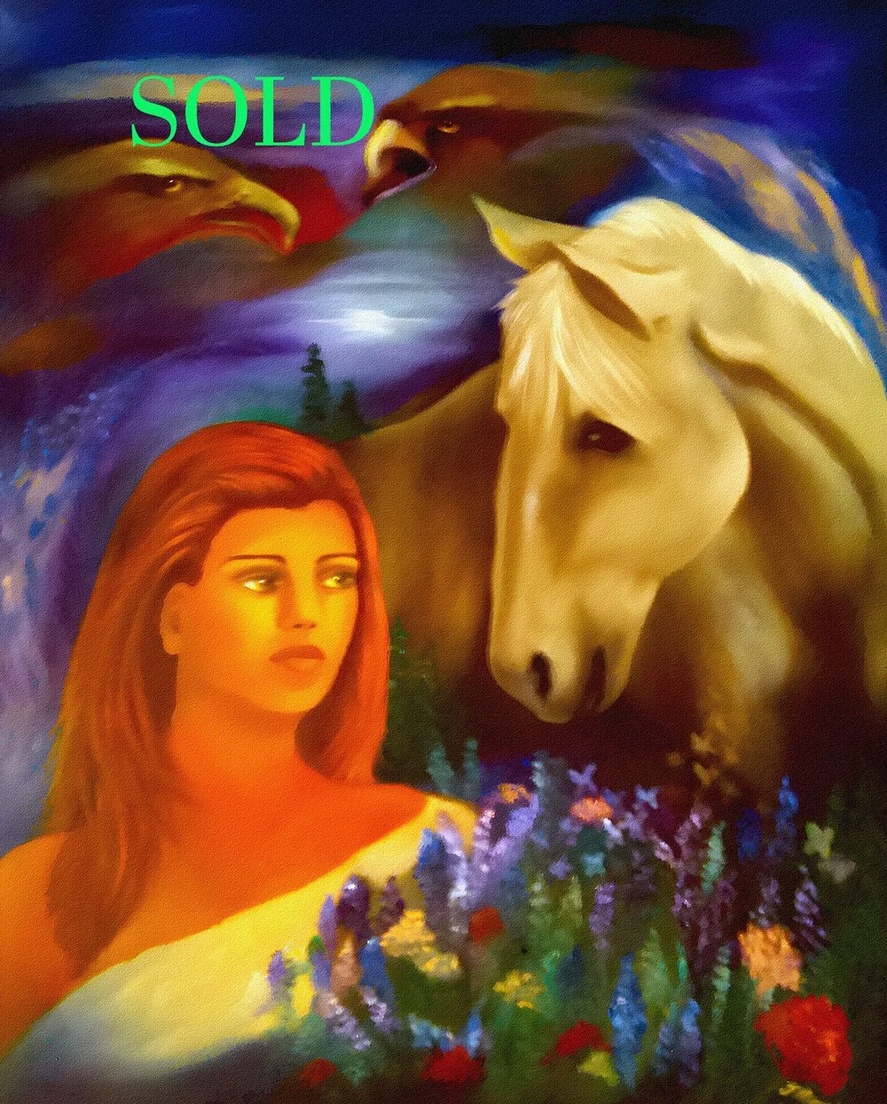An artistic painting featuring two eagles in flight, a woman with long red hair, a white horse, and a background of colorful flowers and a stormy sky. The word 'SOLD' is written in green text.
