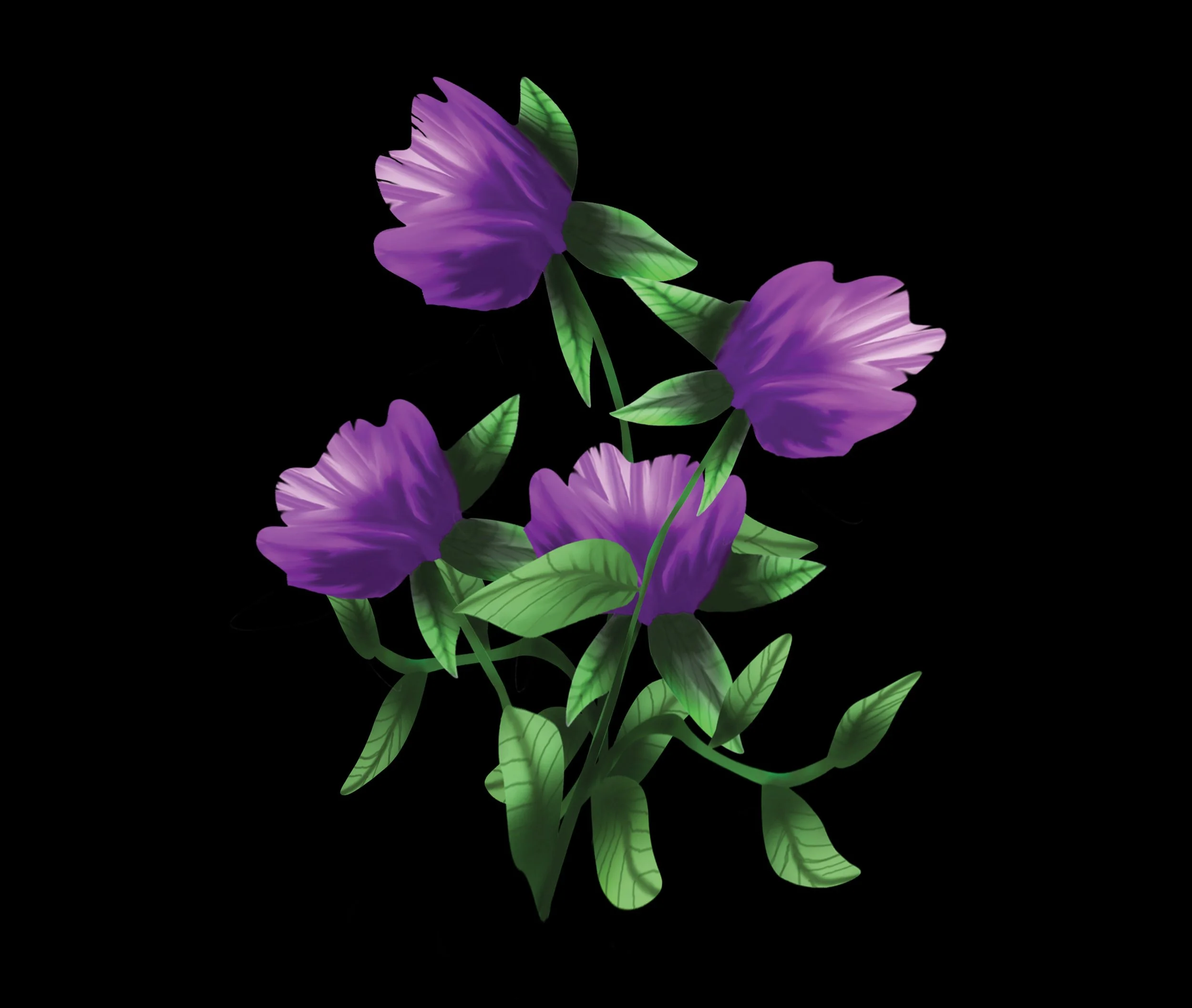 Digital illustration of three purple flowers with green leaves on a black background.