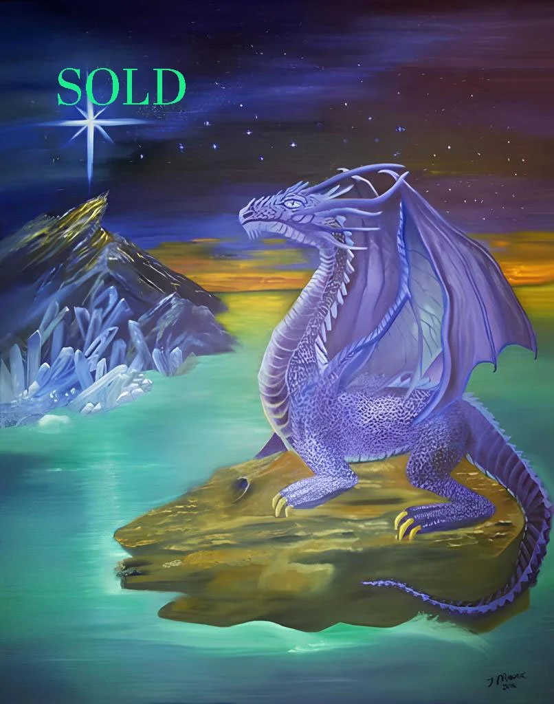 A purple dragon with wings sitting on a rock, overlooking a body of water with mountains in the distance, under a starry sky with the word "SOLD" in green and a star symbol in the upper left corner.