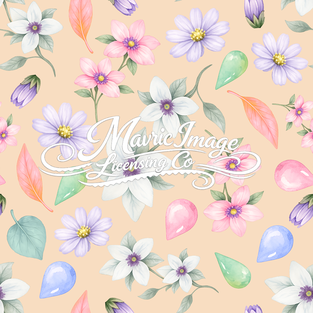 Soft watercolor floral pattern featuring white, blush, lilac, and lavender blooms with translucent pastel droplets and scattered green‑orange leaves on a light background, arranged in a seamless, airy composition.