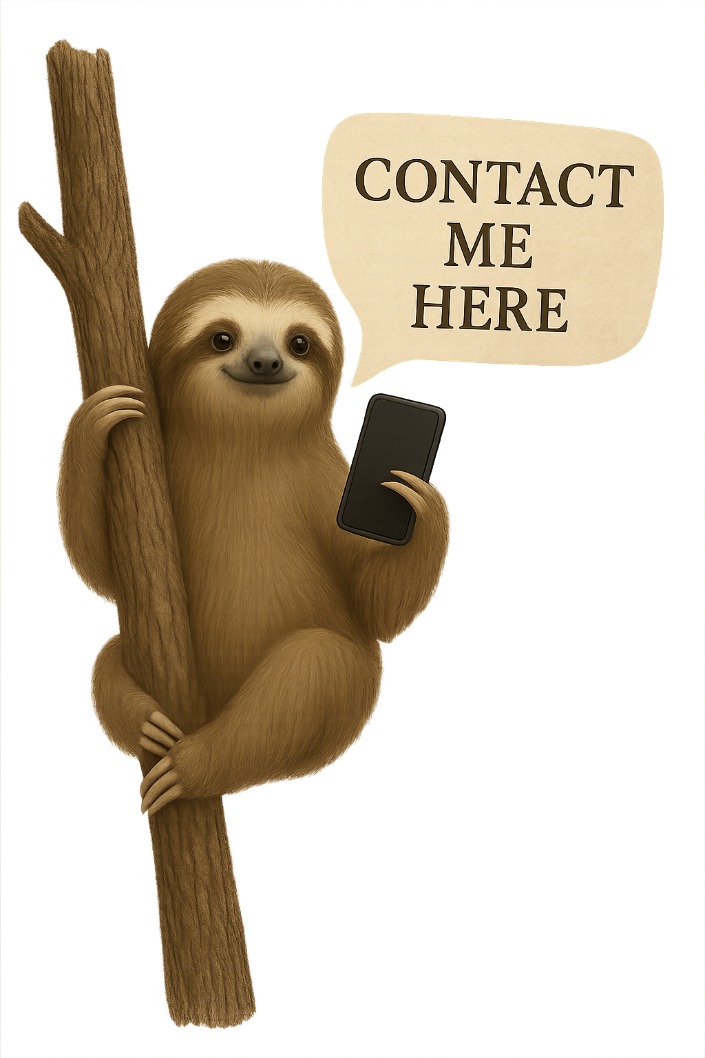 A cartoon sloth hanging from a tree branch, holding a smartphone, with a speech bubble that says "Contact Me Here."