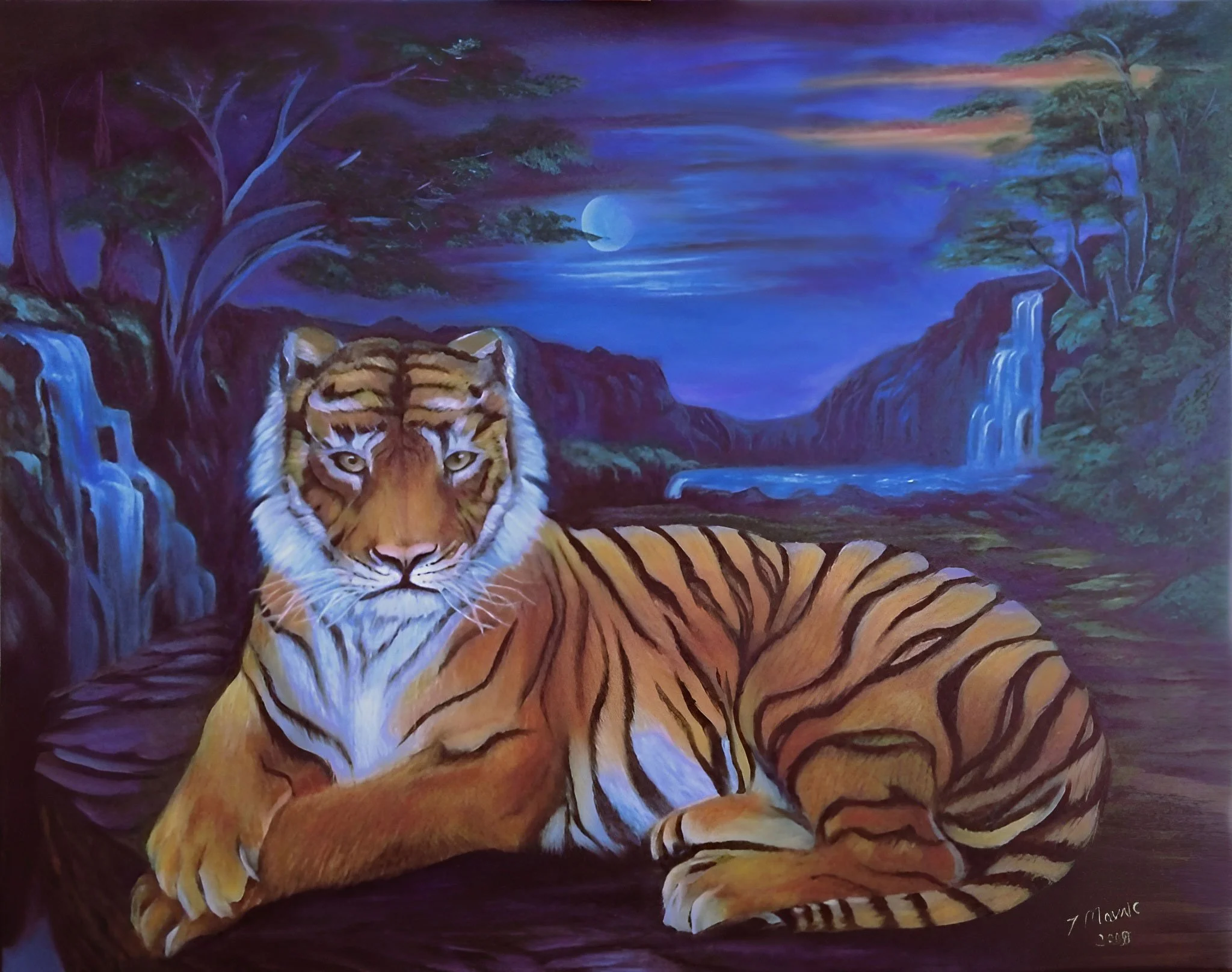 A painting of a tiger lying in a lush landscape under a moonlit sky, with waterfalls and trees in the background.