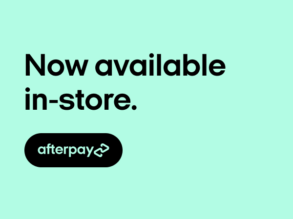 Announcement that Afterpay is now available in-store with the afterpay logo on a light teal background.