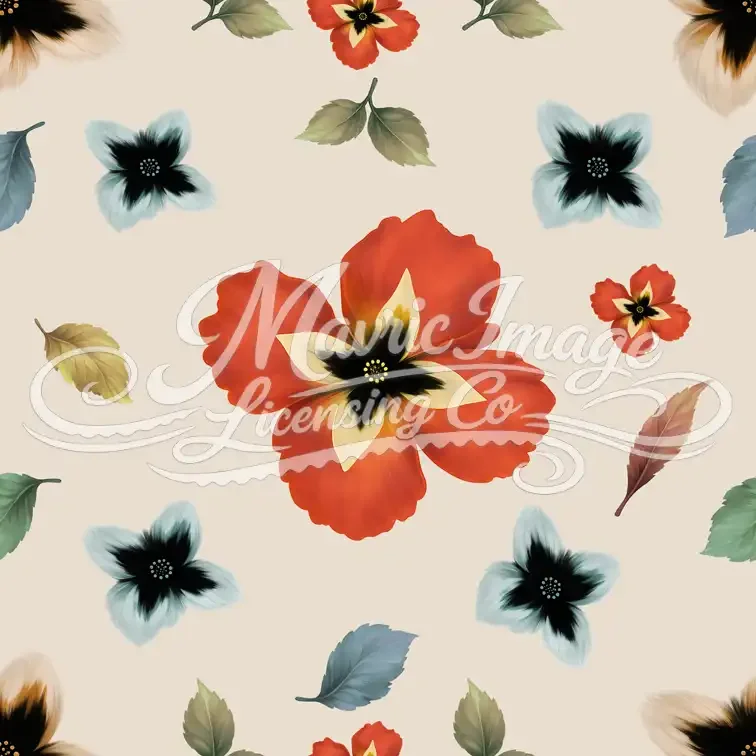 “Hand‑painted floral artwork titled ‘Where Petals Remember Spring,’ featuring red, blue, and golden blossoms with soft green and ochre leaves on a warm beige background, created in Tanya’s acrylic‑digital style for Mavric Image Licensing Co.”