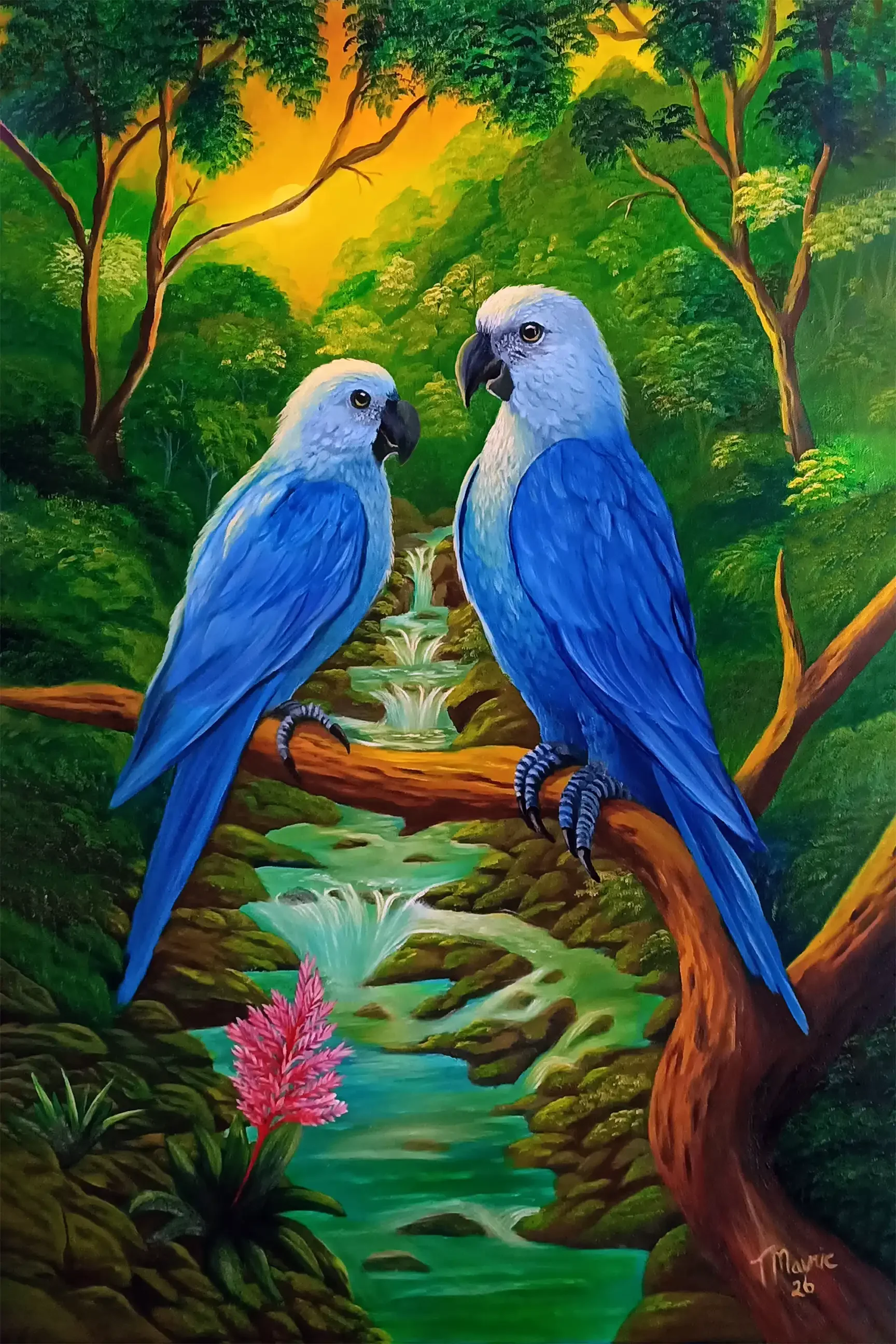oil painting of two blue parrots perched on a tree branch surrounded by green bush land