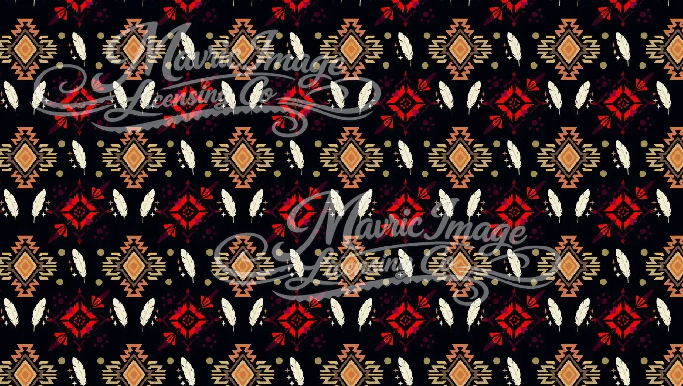 A repeating geometric pattern in black, red, tan, and white colors, featuring diamonds, feathers, and small dots.