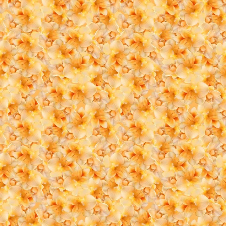 A repeat pattern of a close-up of a large number of peach-colored flowers,