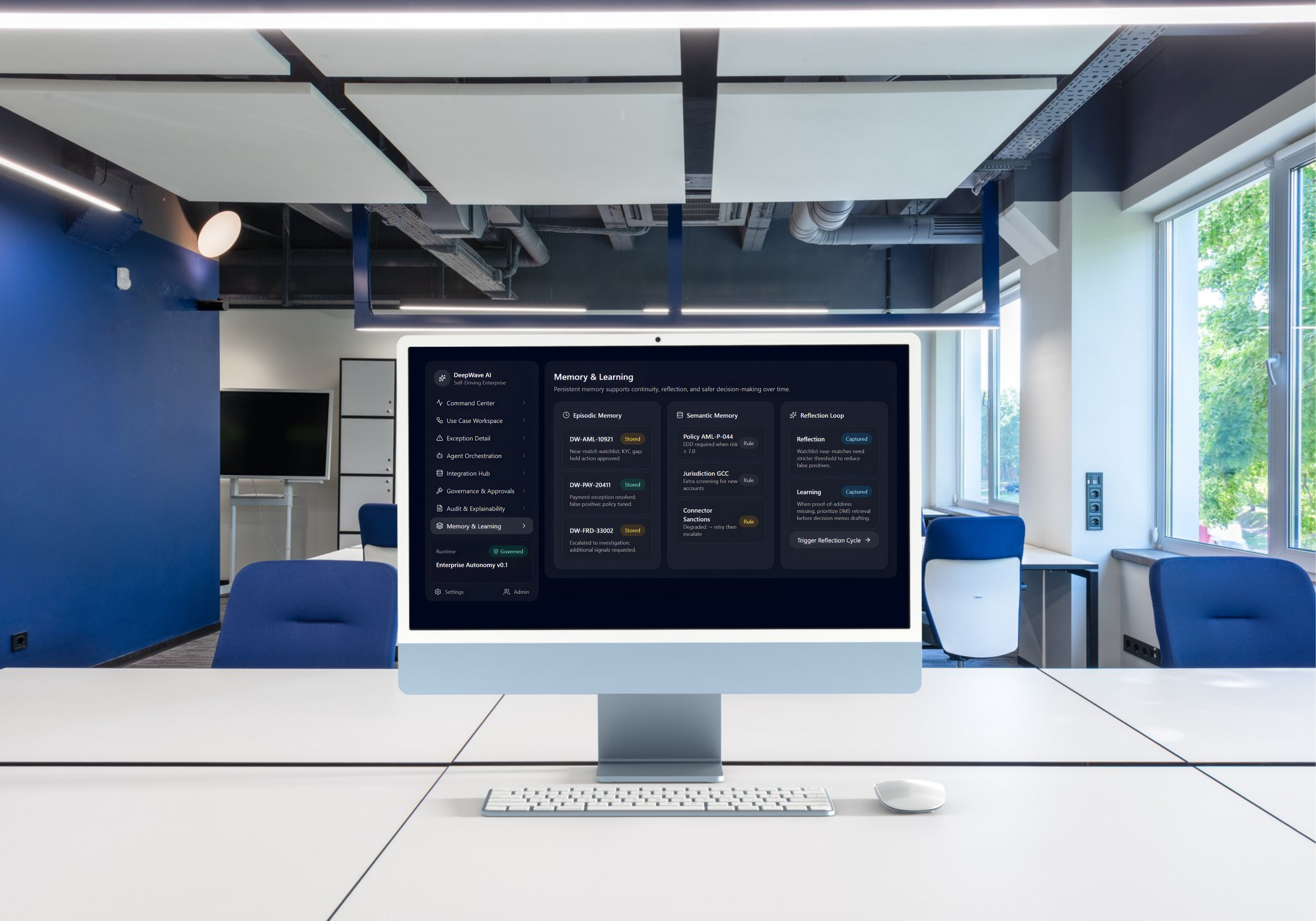 Computer screen displaying a digital interface titled 'Memory & Learning' in a modern office conference room with large windows and blue chairs.