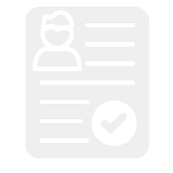 Icon of a person’s profile with lines of text beside it and a check mark at the bottom right.