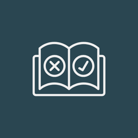 Icon of an open book with a checkmark and an X inside circles on its pages.