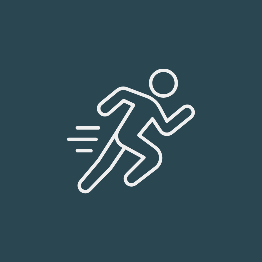 Line drawing of a person running with motion lines, on a dark background.