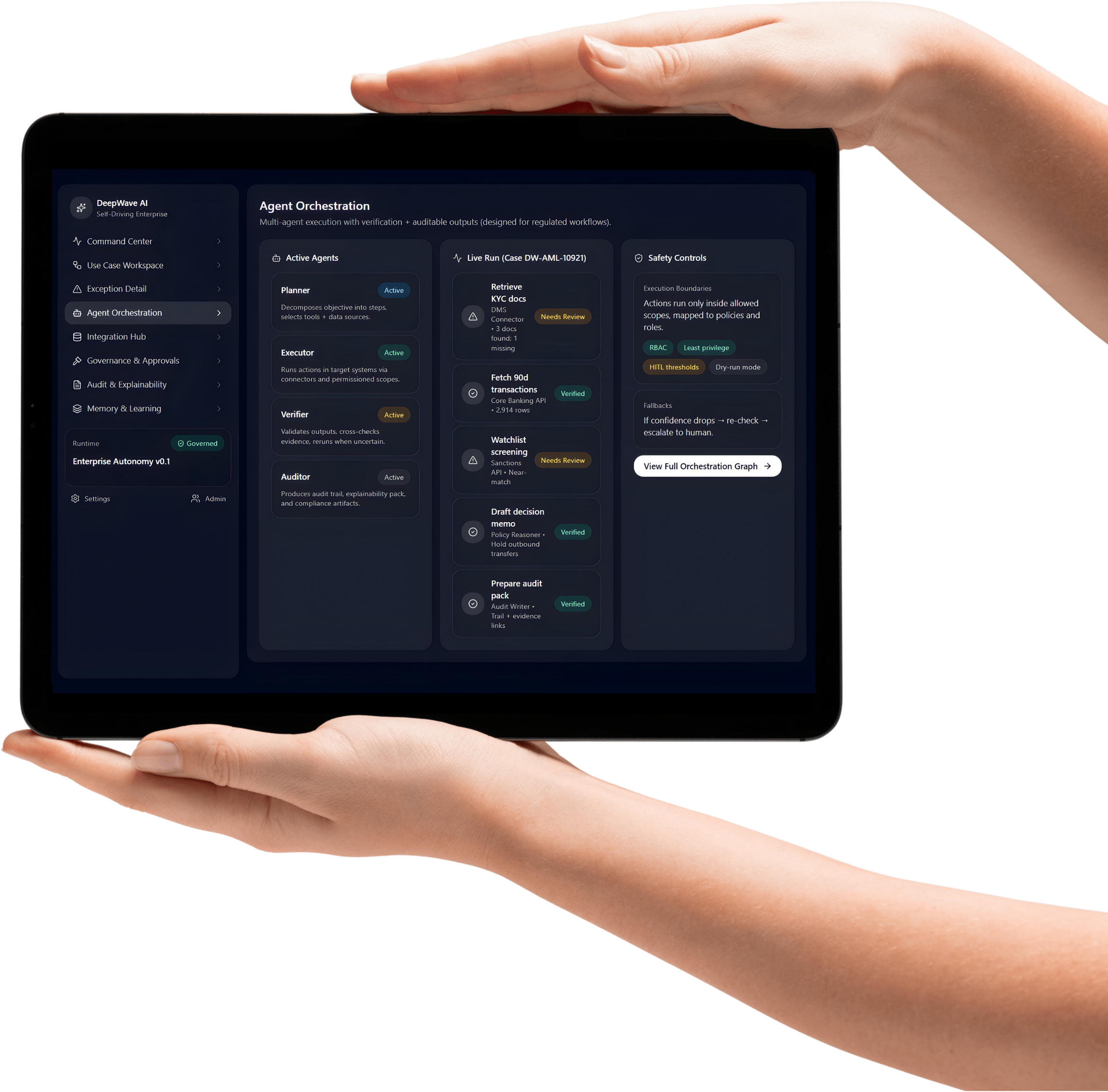 Person holding a tablet displaying a user interface for an AI agent orchestration platform.