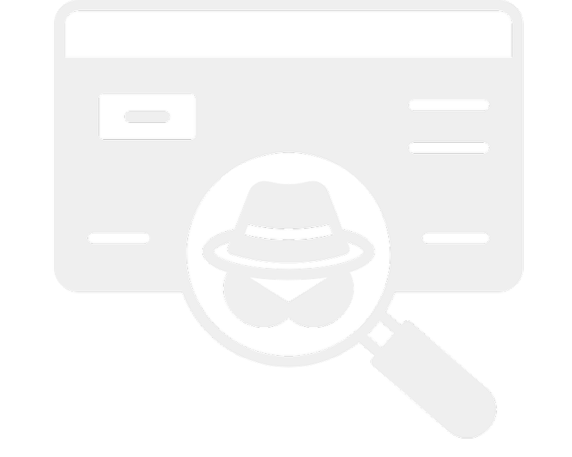 Magnifying glass over a criminal face with a hat, sunglasses, and mask in front of a credit card.