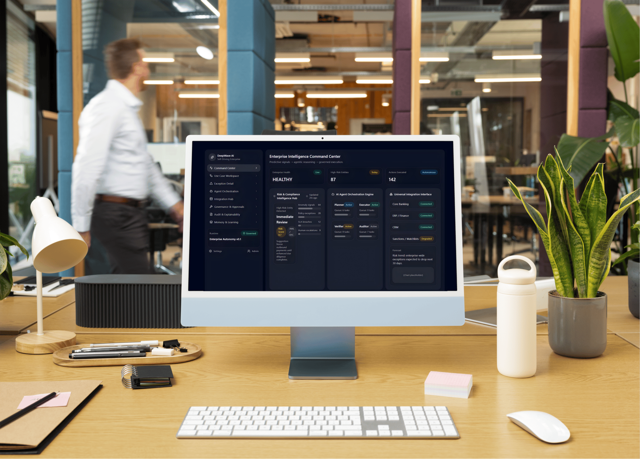 A computer monitor displays a dashboard for an enterprise intelligence command center in an office with plants, a white keyboard, mouse, and office supplies on a wooden desk, with a person walking in the background.