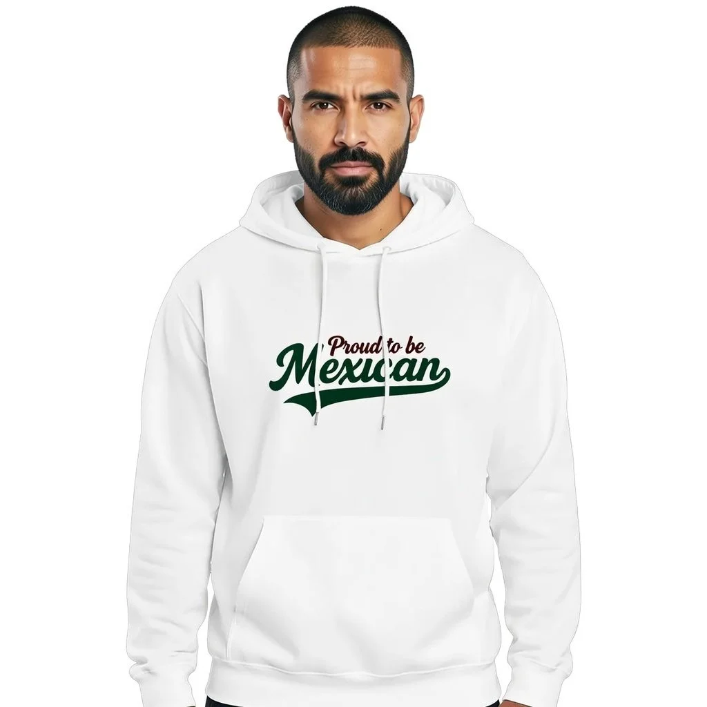 Proud to Be Mexican® – White Unisex Hoodie Baseball-Style Tail Design Logo