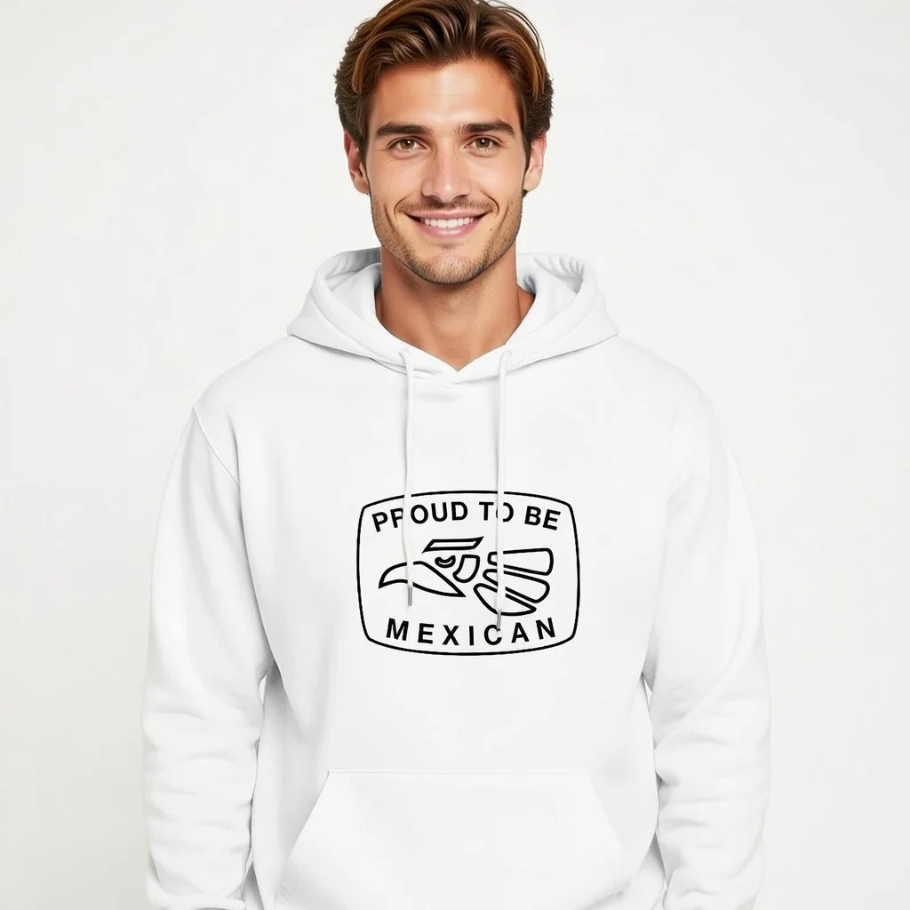 Proud to Be Mexican® – White Unisex Hoodie Hecho en Mexico Emblem Design 2