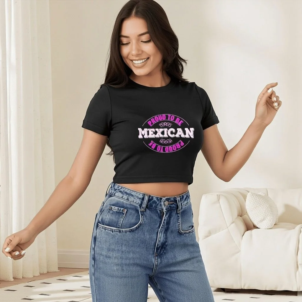 Proud to Be Mexican® – Women Short Sleeve Crop Top Vintage Design Black /Pink