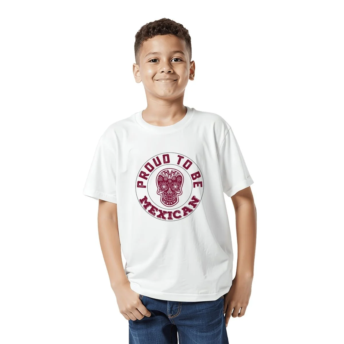 Proud to Be Mexican® – Unisex Kids White T-Shirt Mexican Skull Design n