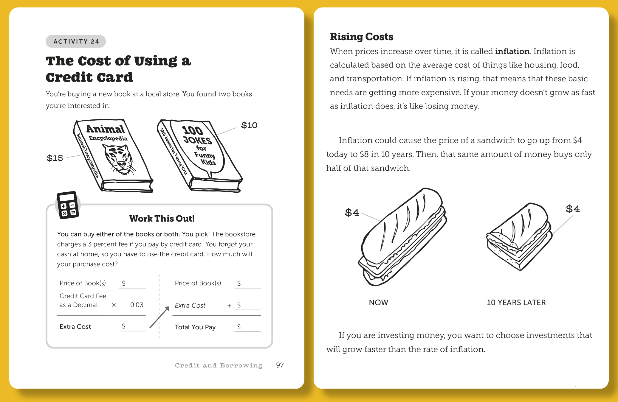 Book excerpt: explanation of credit cards, inflation, and investing. From Follow the Money: A Fun Financial Literacy Game for Kids by Alaina Trivax