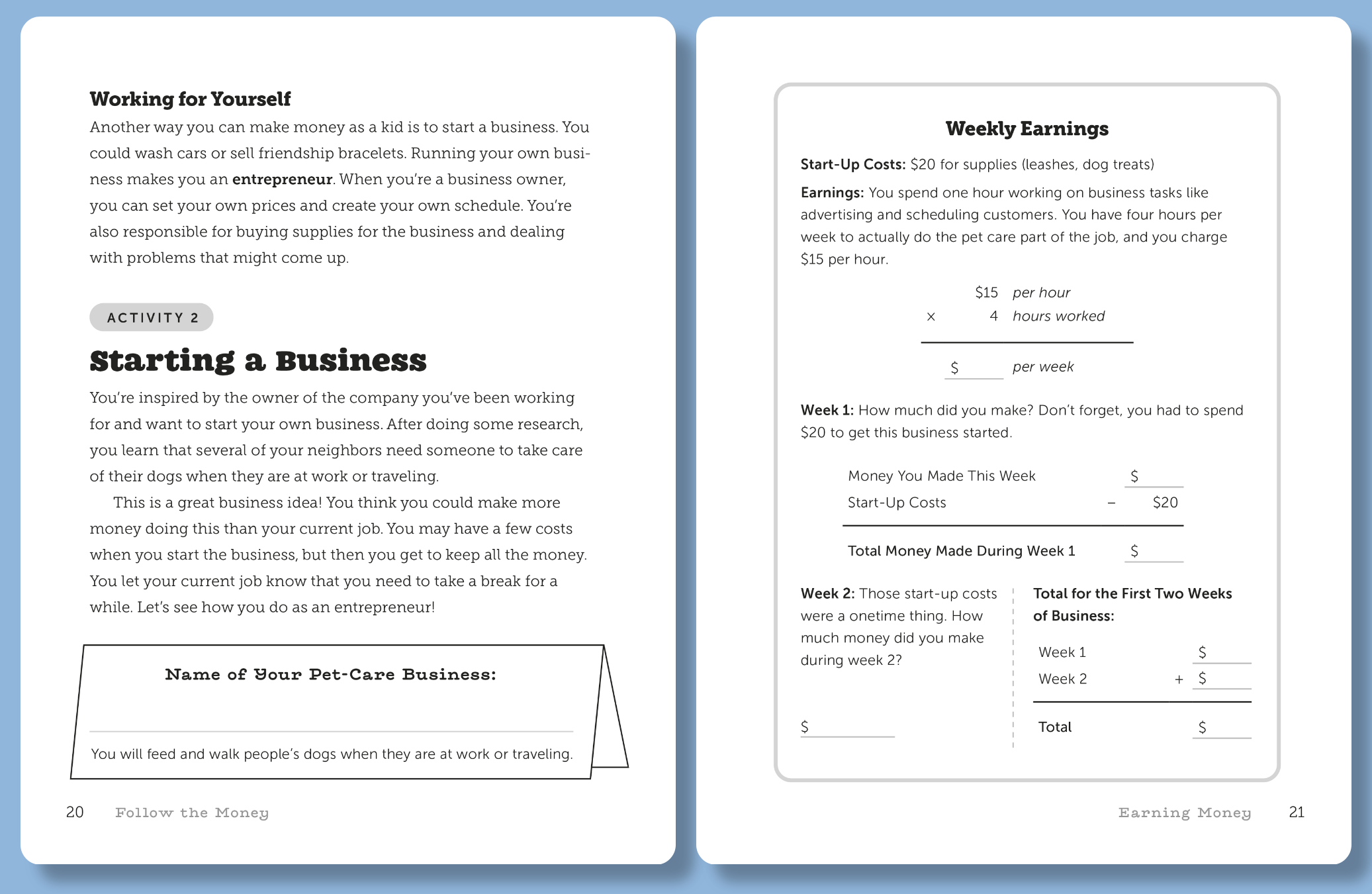 Book excerpt: kids calculate income from their own business. From Follow the Money: A Fun Financial Literacy Game for Kids by Alaina Trivax