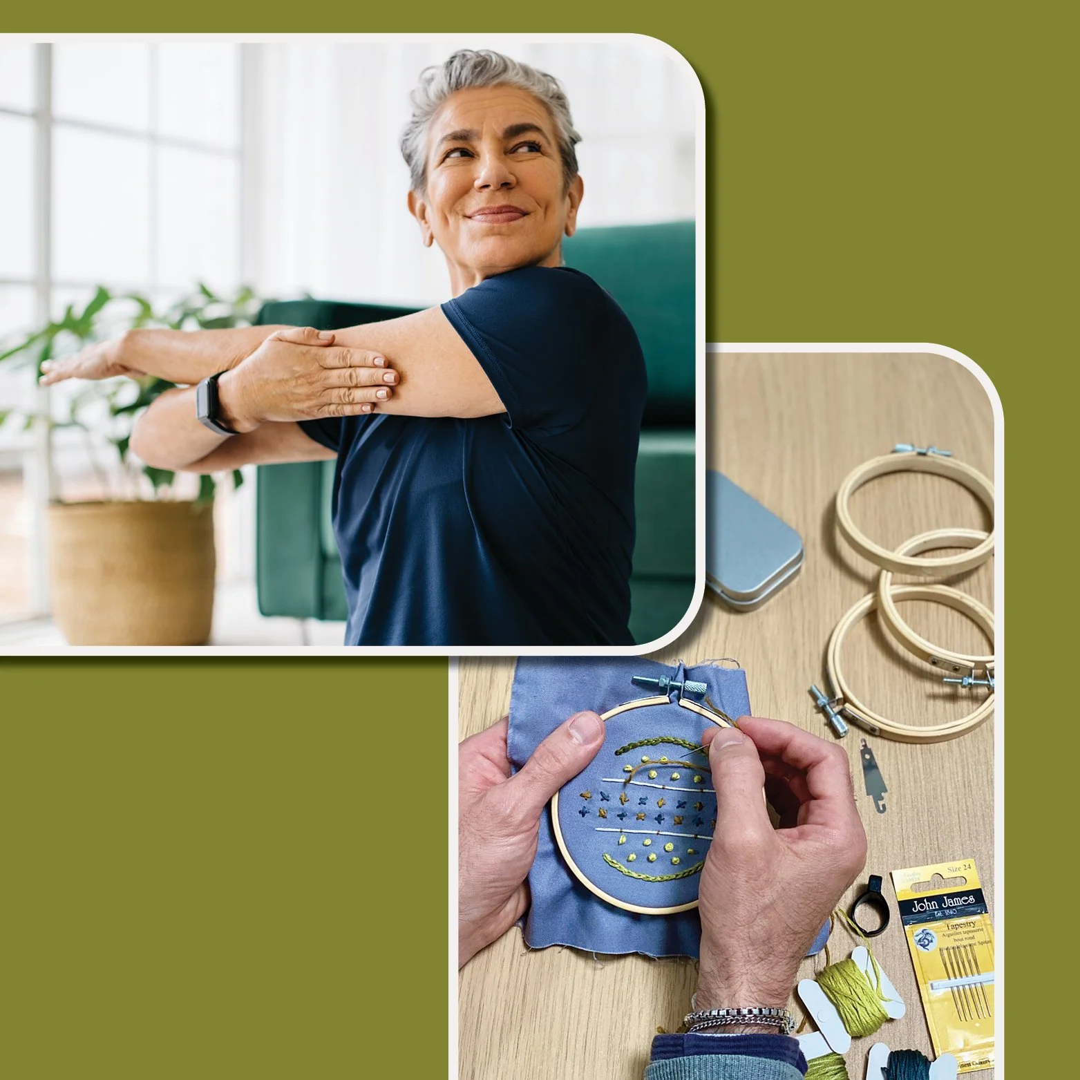 A woman stretching, and a man doing embroidery.