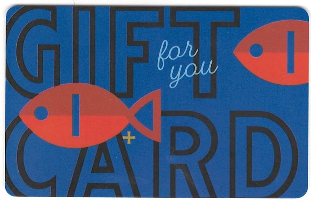 Gift card featuring a blue background, large black text that says "GIFT CARD", smaller text that says "for you" in white, and two orange fish-shaped icons with blue details.