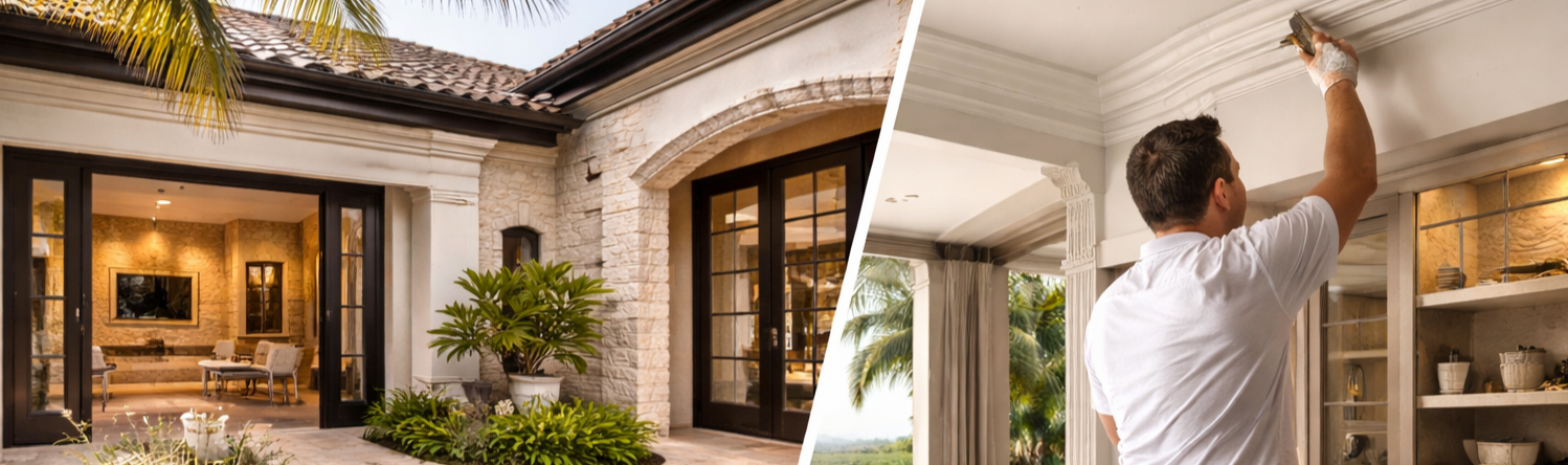 A split image showing an outdoor view of a house's patio with sliding glass doors leading inside and a man painting the ceiling inside the house, with palm trees visible through the window.