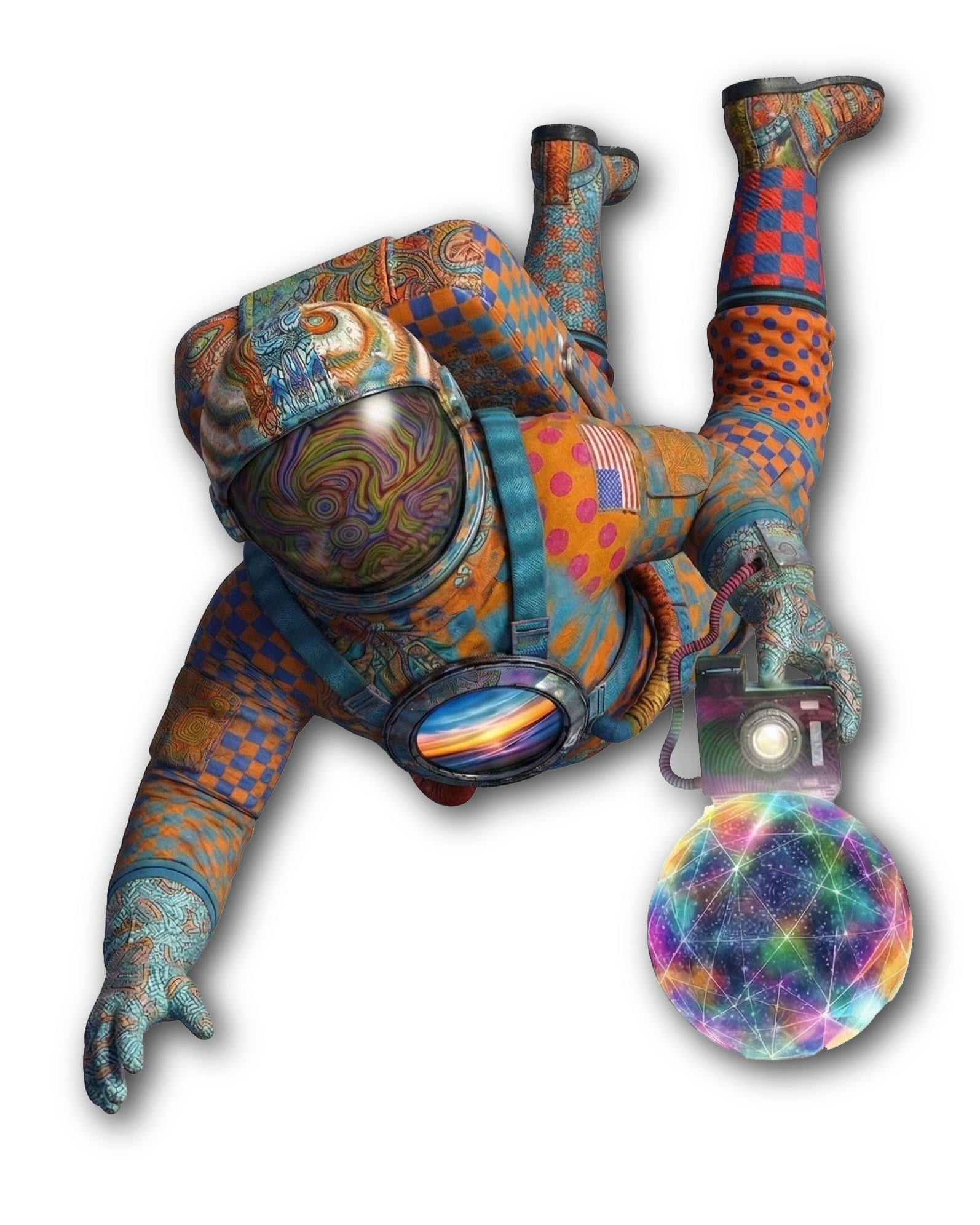 An astronaut with colorful, patterned space suit floating in space above a glowing, multicolored globe with interconnected lines.