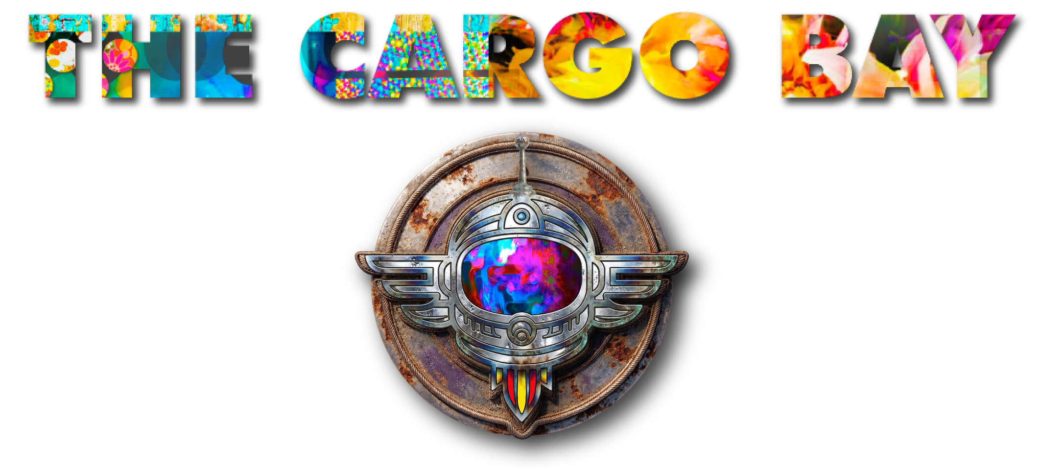 Text reading 'THE CARGO BAY' with colorful, floral designs and a metallic emblem of a spaceship or astronaut helmet with rainbow colors.