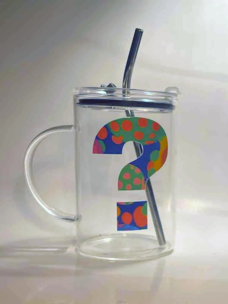 Cosmic Question Glass Coffee Mug with Straw & Lid