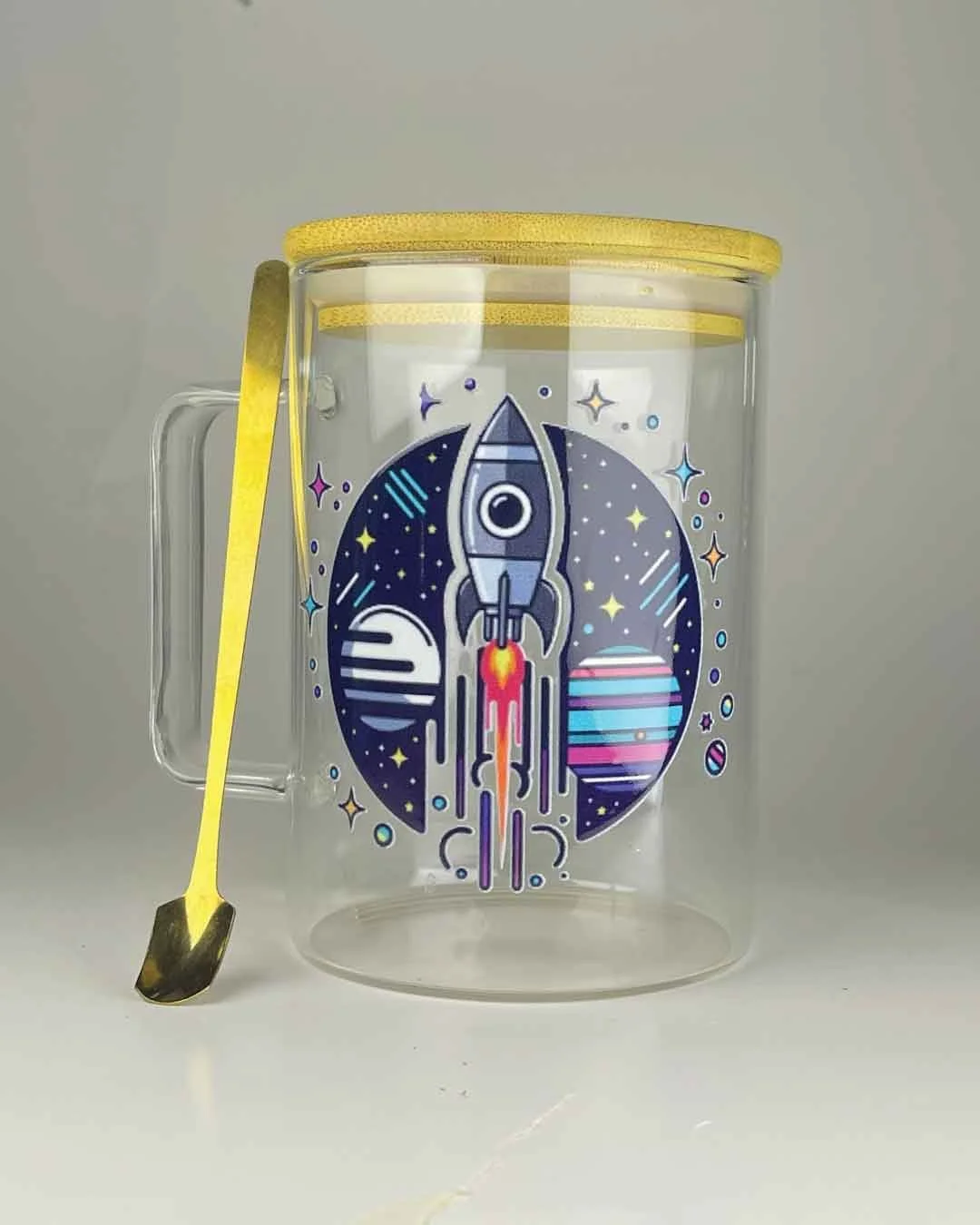 The "Galactic Voyager" Glass Mug with Bamboo Lid